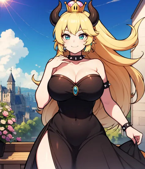 ((masterpiece)), (best quality:1.7), (detailed:1.4), (high res:1.4), 8k, (colorful:1.5), 2d, high resolution, sharped image, 4k, hd, bowsette, (1girl), (solo), blonde hair, spiked brazalets, spiked armlets, spidek choker, super crown, horns, ((white horns)), crown, (pink crown), ponytail, long hair, (middle body), ((thighs)), hands on own face, room, window, clouds, sun, sky, clouds, earrings, blue earrings, chest ornament, ((black dress)), furniture, plants, decoration, ((castle)), (fluffy dress), (curvy body), standing, long dress, smile, closed mouth, <lora:bowsette:0.6>, <lora:thickerLinesanimeStyle:0.6>