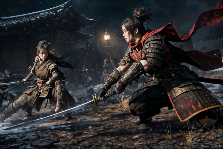 theme of black and red, ultra wide-angle view form distance, full dual scene, full body, shinobi 4 \(sekaiju\), beautiful female shinobi focus to dual, samurai warriors, realistic detail skin complexion, muti-layers and texture variation, insaneness dual wielding katana in action, action movie pose, dramatically samurai dual movie scene, blood splashing all from enemy body, ancient Japan war battle scene, (surrounded by crowded enemies:1.4), (epic battle scene:1.4), maroon blood all around, rustic, damaged armor, full moon on the night sky,
style by inoue takehiko, sharp katana in hands, katana slashing, ((surrounded by enemy warriors)), ready to charge,
photo-realistic, best quality, extremely high res, high resolution, highres, torch lightings, sophisticate detailly environment, explicit ancient Japan village at night,
extremely intricate details, extremely detailed environment, maximalism in detail, dust particles, sub surface scattering, ((blood and gores))
cinematic lighting, blending saturation, noise reduction, visual compositional balancing, multi-layers and textures variation, masterpiece, best quality, exquisite masterpiece, professional production, character design, costume design,
extremely exquisite detailed, hyper detailed, extremely high resolution, extremely high res, high resolution, highres, natural volumetric lighting, outdoor surrounding, (ultra-wide angle gothic cityscape in background:1.4), extremely explicit detail, extremely sharp focus,
32bits colors, HDR, DSLR, high dynamic color range, RAW Photo, 50mm lens, F/1.2, Shutter speed 1/200, ISO 50, <lora:LowRA:0.4> <lora:Samurainiji:0.2>