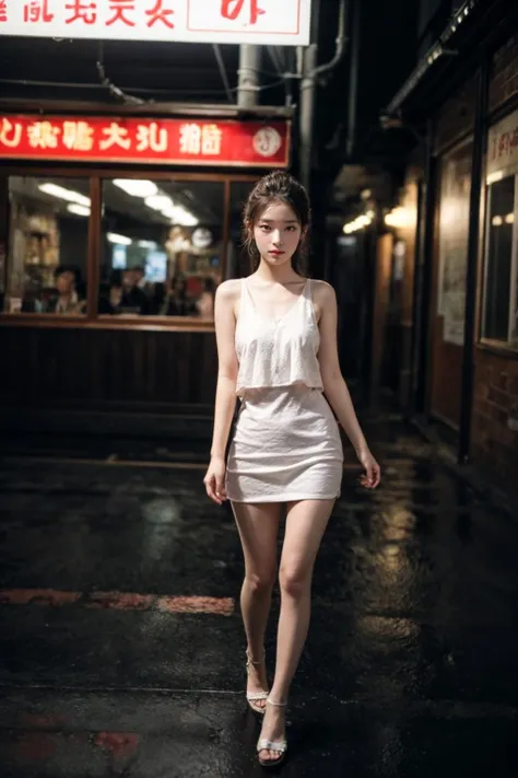 full body, Wong Kar Wai style, a women, hands on shoulders, realistic and detailed photograph, very dark back lighted scenery, nostalgic scenes, in the style of redscale film, greenish tint on shadows, vintage distorted 40mm lens f 2.8, arri alexa 35, light distortion from the lens and dirt on sensor, muted color palette, film grain, dirty lens, China town neon signs in the distorted background bokeh, award-winning, hyper-detailed, Igari make up, pink nose blush,
photorealistic, ultra realistic, realistic light, hard lighting, intricate details, stop motion, hyperfocus, tone mapping, sharp focus, hyper detailed, (fog:0.7), sweating, sleeveless, seductive smile,
photo-realistic, best quality, extremely detailed, hyper detailed, extremely high resolution, extremely high res, high resolution, highres, aesthetic,
RAW Photo, 32 bits, <lora:vagabond-15:0.33> <lora:LowRA:0.33> <lora:flat2:-1>