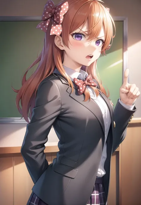 ((masterpiece)), (best quality), (detailed), chiyo_sakura, polka dot bow, school uniform, blazer, (angry, mad:1.2), pointing at viewer, hand on hip, pov, <lora:chiyo-20:0.7>