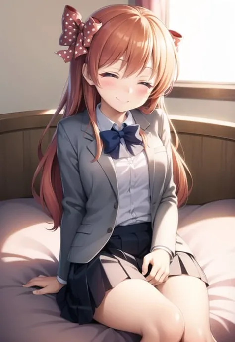 ((masterpiece)), (best quality), (detailed), (chibi), chiyo_sakura, polka dot bow, school uniform, blazer, smile, blush, happy, eyes closed, <lora:chiyo-20:0.7>