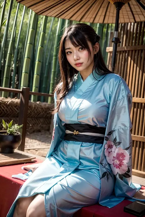 (realistic:1.3), finely detailed, quality, rembrandt lighting, (masterpiece:1.2), (photorealistic:1.2), (best quality), (detailed skin:1.3), (intricate details), dramatic, ray tracing, 1girl, japanese girl, 21 years old, detailed skin texture, (blush:0.5), (goosebumps:0.5), subsurface scattering, smiling, medium breasts, updo hair, bangs, hair between eyes, kimono, floral print, (jpstore:1.2), sitting, cowboy shot, (bright sunny day, bamboo forest, bamboo trees, (wooden tea house:0.8), (oil-paper umbrella:1.2)), <lora:jp-storefront-wasabiya:1>