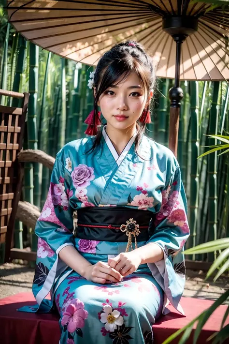 (realistic:1.3), finely detailed, quality, rembrandt lighting, (masterpiece:1.2), (photorealistic:1.2), (best quality), (detailed skin:1.3), (intricate details), dramatic, ray tracing, 1girl, japanese girl, 21 years old, detailed skin texture, (blush:0.5), (goosebumps:0.5), subsurface scattering, smiling, medium breasts, updo hair, bangs, hair between eyes, kimono, floral print, (jpstore:1.2), sitting, cowboy shot, (bright sunny day, bamboo forest, bamboo trees, (wooden tea house:0.8), (oil-paper umbrella:1.2)), <lora:jp-storefront-wasabiya:1>