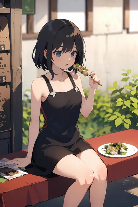 masterpiece,high quality,highres,1girl,solo,<lora:jp-storefront-wasabiya:1>,jpstore,sitting,food,