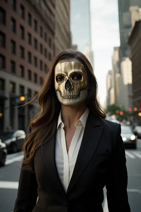 cinematic film still Call of Duty soldier, female, skeleton golden mask, in NY city, businesswoman, (wearing a black luxury suit), long hair, white shirt, full body shot, very angry, high detail, high res, high quality, realistic shot, realistic texture, recognizable detail, <lora:GHOST-000009:1>, <lora:add-detail-xl:4> . shallow depth of field, vignette, highly detailed, high budget, bokeh, cinemascope, moody, epic, gorgeous, film grain, grainy
