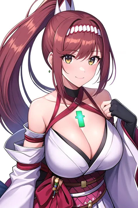 kagiroi xenoblade, xenoblade, solo, 1girl, (Best: 1.0), masterpiece, best quality, highres, absurdres, look at viewer, handsome, (oval face:1), dating, 18 years old, beautiful detailed eyes, <lora:Kagiroi_v1.0-000012:0.4>, upper body, (brown hair:0.3), (red hair, brown eyes, red eyes, yellow eyes:0.5), chest jewel, japanese clothes, gloves, fingerless gloves, breasts, kimono, hairband, sash, obi, bare shoulders, jewelry, detached sleeves, earrings, black gloves, bangs, cleavage, long hair, gloves, breasts, ponytail, fingerless gloves, very long hair, skirt, bangs, smile, bare shoulders, cleavage, swept bangs, black gloves, thigh strap, large breasts, polearm, sidelocks, hair ornament, detached sleeves, hairband,