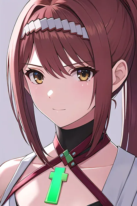 kagiroi xenoblade, xenoblade, solo, 1girl, (Best: 1.0), masterpiece, best quality, highres, absurdres, look at viewer, handsome, (oval face:1), dating, 18 years old, beautiful detailed eyes, <lora:Kagiroi_v1.0-000012:0.4>, upper body, (brown hair:0.3), (red hair, brown eyes, red eyes, yellow eyes:0.5), chest jewel, japanese clothes, long hair, bangs, ponytail, swept bangs, chest jewel, portrait, close-up,