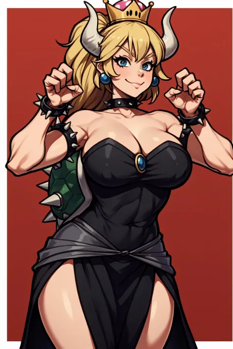 (1girl:1.3), (solo:1.2), curvy, (masterpiece:1.2), (best quality:1.2), (perfect anatomy:1.4), (dynamic pose:1.4), (shy:1.2), shy smile, thick body
<lora:Coffeelove68 [MockAi - v1.0]:0.8> coffeelove68, (thick lineart:1.1), soft lineart, (huge breasts:1.2), (cowboy shot:1.2), <lora:Mario - Bowsette [Numeratic - v1.0]:1> bowsette, horns, white horns, blonde hair, long hair, spiked choker, spiked collar, cleavage, black dress, bare shoulders, earrings, large breasts, long dress, (stylized background:1.2), abstract background, pop art background