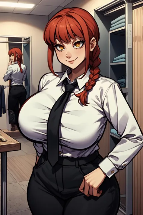 (1girl:1.3), (solo:1.2), curvy, (masterpiece:1.2), (best quality:1.2), (perfect anatomy:1.4), (dynamic pose:1.4), (shy:1.2), shy smile, thick body
<lora:Coffeelove68 [MockAi - v1.0]:0.8> coffeelove68, (thick lineart:1.1), soft lineart, (huge breasts:1.2), (cowboy shot:1.2), <lora:Makima [nochekaiser881 - v1.0]:0.8> makima, long hair, smile, bangs, (yellow eyes:1.2), braid, red hair, braided ponytail, ringed eyes, shirt, long sleeves, white shirt, necktie, collared shirt, pants, black pants, formal, suit, black necktie, shirt tucked in, office lady, (changing room:1.4), (curtains:1.2), inside, well lit, high fashion store, cloth hanger, (wooden chaning room stall:1.2),
