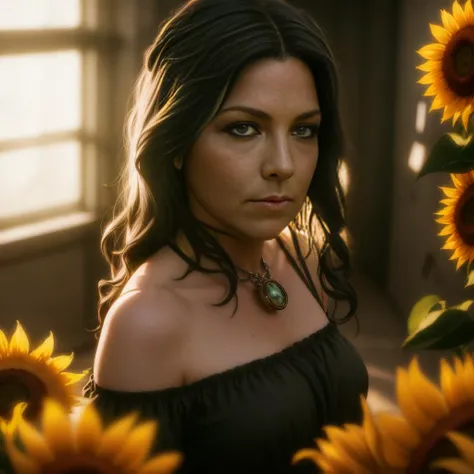 Style by haze-light-1800:0.2,  a field of sunflowers, sci-fi horror, dramatic lighting, 4k, concept art, highly detailed, volumetric lighting, global illumination, octane render, eldritch, cosmic, dark energy, black hair Caucasian ,looking at viewer, upper body portrait, woman dungeon prison, black hair, green dress, 8k resolution, <lora:GoodHands-beta2:0.4>, beautiful eyes, white Caucasian, <lora:AmyLee2-anime:0.8> <lora:Cropped Torso LoRA:0.6>