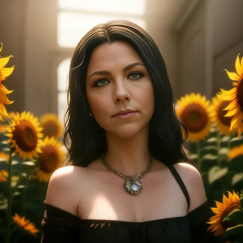 Style by haze-light-1800:0.2,  a field of sunflowers, sci-fi horror, dramatic lighting, 4k, concept art, highly detailed, volumetric lighting, global illumination, octane render, eldritch, cosmic, dark energy, black hair Caucasian ,looking at viewer, upper body portrait, woman dungeon prison, black hair, green dress, 8k resolution, <lora:GoodHands-beta2:0.4>, beautiful eyes, white Caucasian, <lora:AmyLee2-anime:0.8> <lora:Cropped Torso LoRA:0.6>
