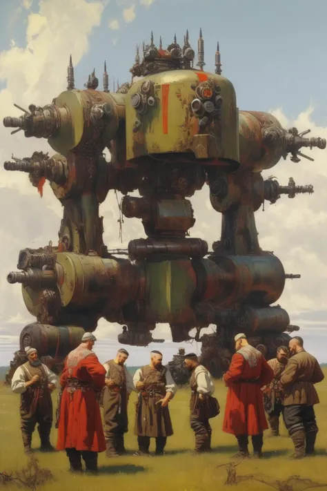 <lora:Vasily Vereshchagin Style:1>Vasily Vereshchagin Style - a group of cossacks fitting at a singular imposing dieselpunk mech in a pastoral landscape