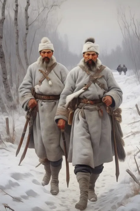 <lora:Vasily Vereshchagin Style:1>Vasily Vereshchagin Style - Two mounted Cossacks are returning from a campaign in winter. Oil painting on canvas with a winter rural landscape. Two tired warriors return to their homes after a hard military campaign. The picture is painted in white and gray colors. Canvas with Ukrainian historical plot. style of realistic