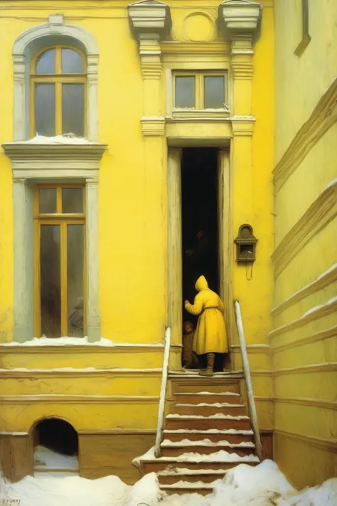 <lora:Vasily Vereshchagin Style:1>Vasily Vereshchagin Style - 1865 Yellow. Gloomy St. Petersburg. One young student climbs the stairs to the front door. Ax in hand. Nearby painters are painting the wall.