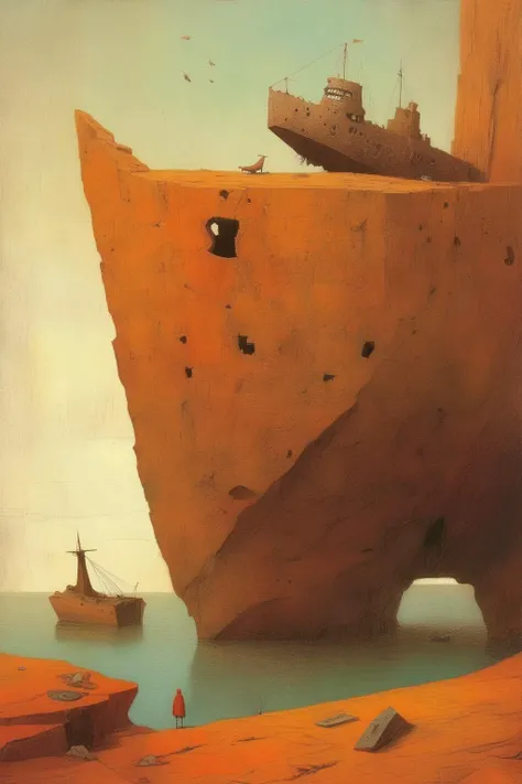 <lora:Vasily Vereshchagin Style:1>Vasily Vereshchagin Style - A wreck of a ship on a rock with a weird shape cliff in the far back ground and some random elements. Seen from a distance. In the style of shaun tan