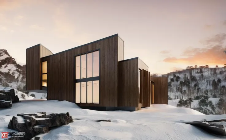 ((masterpiece, best quality)), 8k, modern architecture style, photo realistic, david chipperfield, hyper detailed photo, single box, a digital 3d render of a building, Wooden building, leansflare, Snow mountain, Sunset or dawn