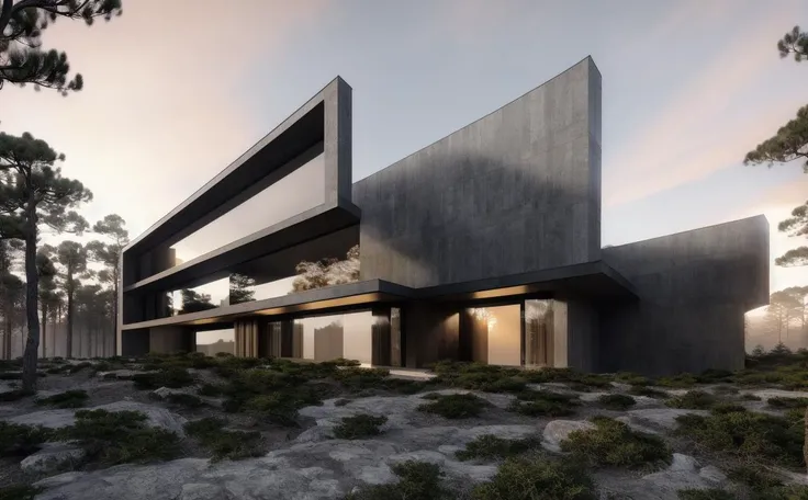 ((masterpiece, best quality)), 8k, modern architecture style, photo realistic, david chipperfield, hyper detailed photo, single box, a digital 3d render of a building, Grey building, leansflare, Forest, Sunset or dawn