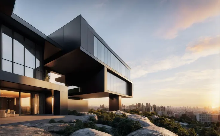 ((masterpiece, best quality)), 8k, modern architecture style, photo realistic, david chipperfield, hyper detailed photo, single box, a digital 3d render of a building, Black building, leansflare, City, Sunset or dawn