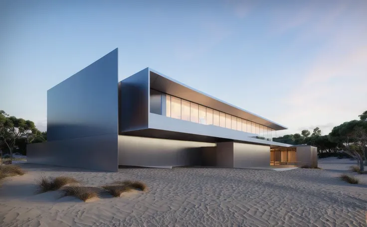 ((masterpiece, best quality)), 8k, modern architecture style, photo realistic, david chipperfield, hyper detailed photo, single box, a digital 3d render of a building, Metal building, leansflare, Beach, Night time