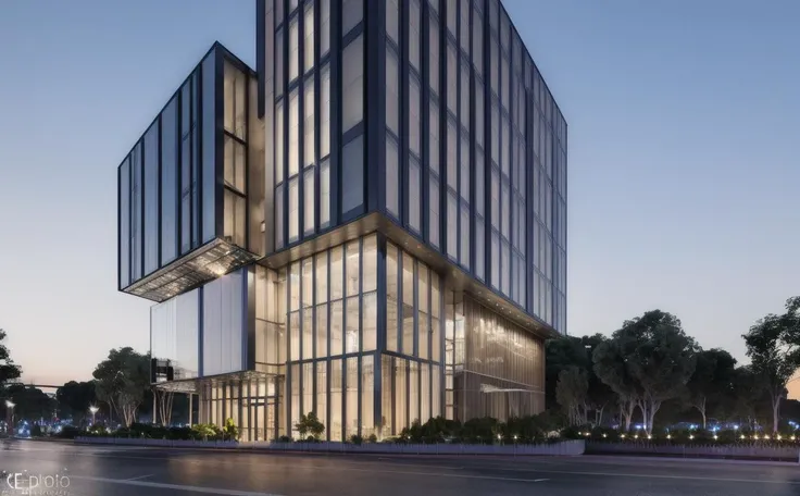 ((masterpiece, best quality)), 8k, modern architecture style, photo realistic, david chipperfield, hyper detailed photo, single box, a digital 3d render of a building, Glass building, leansflare, City, Night time