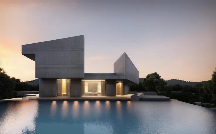 ((masterpiece, best quality)), 8k, modern architecture style, photo realistic, david chipperfield, hyper detailed photo, single box, a digital 3d render of a building, Grey building, leansflare, Water body, Sunset or dawn