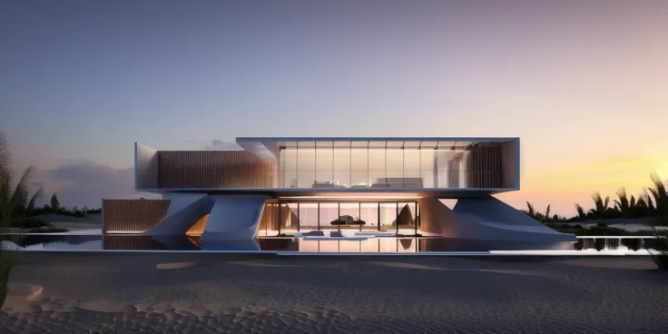 ((masterpiece, best quality)), 8k, modern architecture style, photo realistic, hyper detailed photo, human perspective, single box,single building, archidayli, david chipperfield, sunset, render of a building, glass facade, beach, zaha, curve, flow