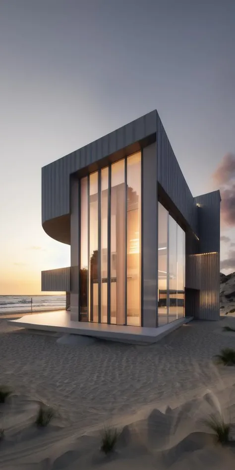 zaha, curve, flow, ((masterpiece, best quality)), 8k, modern architecture style, photo realistic, hyper detailed photo, single box,single building, archidayli, david chipperfield, sunset, render of a building, glass facade, beach,