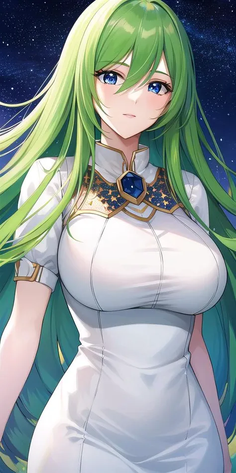 <lora:EmiliaJeniusV2:0.7> emiliajenius, huge_breasts, huge_breasts, standing, solo, white_dress, starry_sky, green_hair,, masterpiece, best_quality, detailed_face, detailed_eyes, highres, beautiful, detailed,