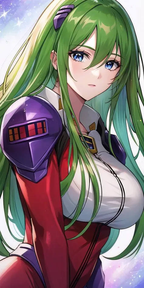 <lora:EmiliaJeniusV2:0.8> emiliajenius, huge_breasts, huge_breasts, standing, solo, Red_pilot_suit_White_bustier_Purple_shoulder_pads_High_collar, starry_sky, green_hair,, masterpiece, best_quality, detailed_face, detailed_eyes, highres, beautiful, detailed,