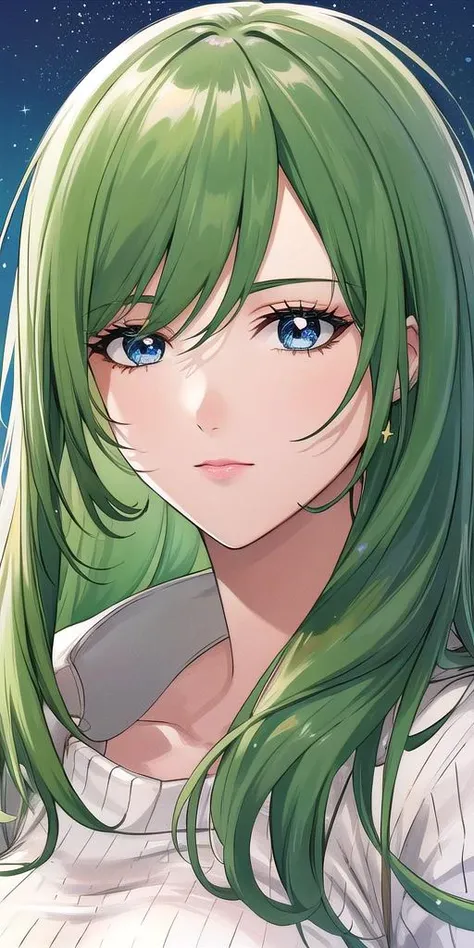 <lora:EmiliaJeniusV2:0.7> emiliajenius, huge_breasts, huge_breasts, standing, solo, sweater, starry_sky, green_hair,, masterpiece, best_quality, detailed_face, detailed_eyes, highres, beautiful, detailed,