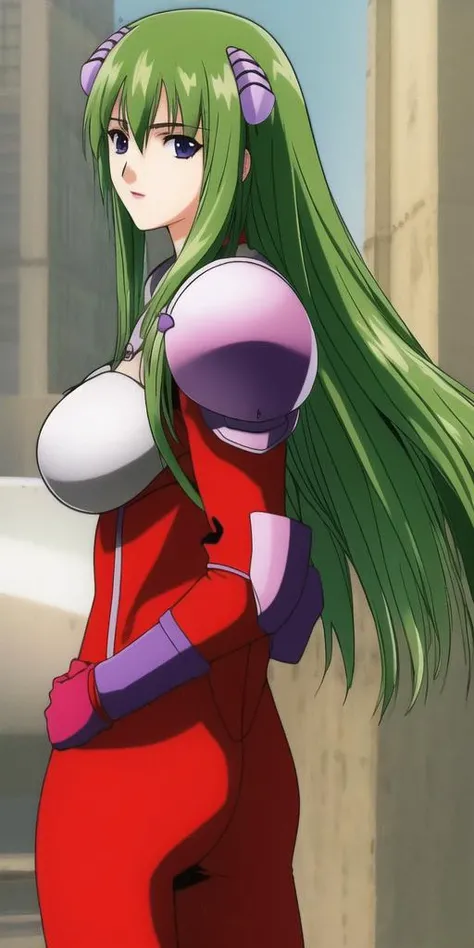 Code Geass, C.C, 1girl, (((bimbo))), long green hair, yellow eyes, puffy lips, painted lips, thick lips, wide hips, thick thighs, small breasts, erotic face, shiny skin, erotic pink suit, huge round ass, posing with ass,