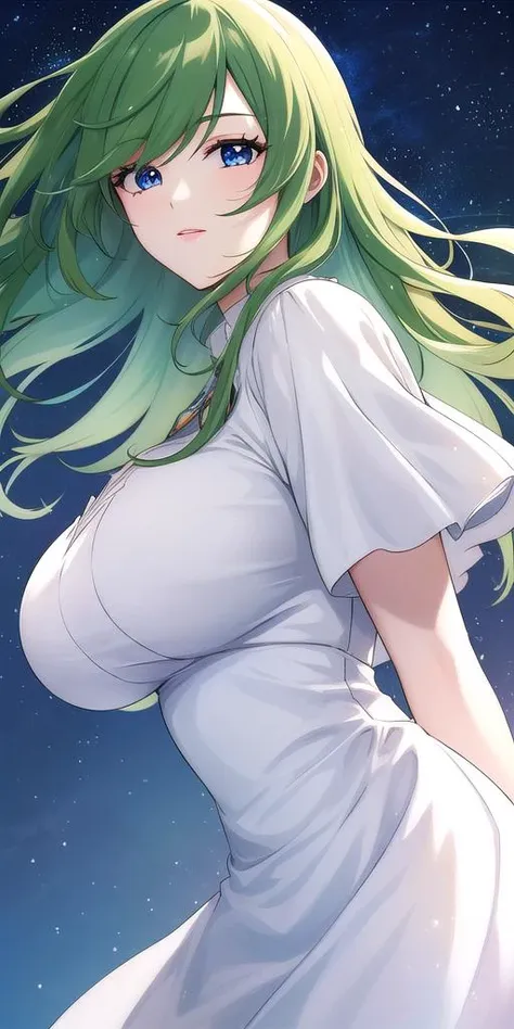 <lora:EmiliaJeniusV2:0.7> emiliajenius, huge_breasts, huge_breasts, standing, solo, white_dress, starry_sky, green_hair,, masterpiece, best_quality, detailed_face, detailed_eyes, highres, beautiful, detailed,