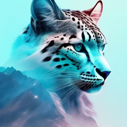 ethereal background, abstract face animal snowleopard, mountain peak, golden ratio, minimalistic, unfinished, concept art, symmetrical, by Carne Griffiths and Wadim Kashin, perfect eyes, intricate details, 8k post production, high resolution, hyperdetailed, dublex, style