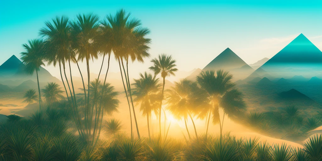 dublex style, an oasis with palms, pyramids, desert, highly detailed, bright colours