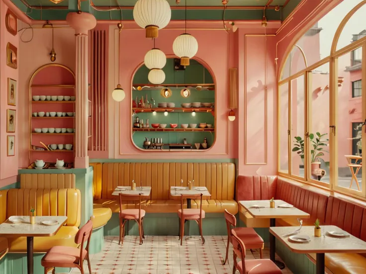 Wes Anderson's restaurant, album cover, architecture, bookshelf, building, city, East Asian architecture, ladder, lantern, no humans, scenery, window, Wes Anderson's symmetrical style, pastel tones, quirky vintage décor. The interior features vintage furniture, quirky ornaments, and perfectly arranged tables with unique cutlery. The dining room has large windows with colorful curtains, ornate lamps, and artistic wall paintings. (soft warm natural light), (warm inviting artistic environment), (detailed vivid cinematic style), (wide-angle lens with a focus on symmetry). The whole scene is full of whimsy, nostalgia, and unique personality.
 <lora:Fresh Ideas@Wes Anderson's restaurant,_SDXL:1>