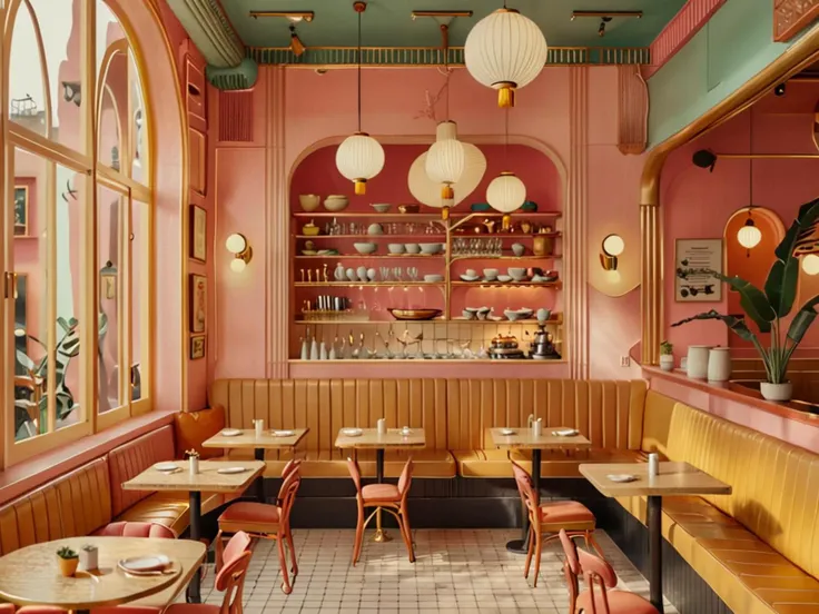 Wes Anderson's restaurant, album cover, architecture, bookshelf, building, city, East Asian architecture, ladder, lantern, no humans, scenery, window, Wes Anderson's symmetrical style, pastel tones, quirky vintage décor. The interior features vintage furniture, quirky ornaments, and perfectly arranged tables with unique cutlery. The dining room has large windows with colorful curtains, ornate lamps, and artistic wall paintings. (soft warm natural light), (warm inviting artistic environment), (detailed vivid cinematic style), (wide-angle lens with a focus on symmetry). The whole scene is full of whimsy, nostalgia, and unique personality.
 <lora:Fresh Ideas@Wes Anderson's restaurant,_SDXL:1>