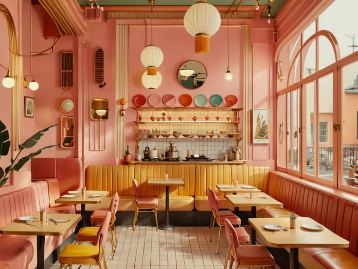 Wes Anderson's restaurant, album cover, architecture, bookshelf, building, city, East Asian architecture, ladder, lantern, no humans, scenery, window, Wes Anderson's symmetrical style, pastel tones, quirky vintage décor. The interior features vintage furniture, quirky ornaments, and perfectly arranged tables with unique cutlery. The dining room has large windows with colorful curtains, ornate lamps, and artistic wall paintings. (soft warm natural light), (warm inviting artistic environment), (detailed vivid cinematic style), (wide-angle lens with a focus on symmetry). The whole scene is full of whimsy, nostalgia, and unique personality.
 <lora:Fresh Ideas@Wes Anderson's restaurant,_SDXL:1>