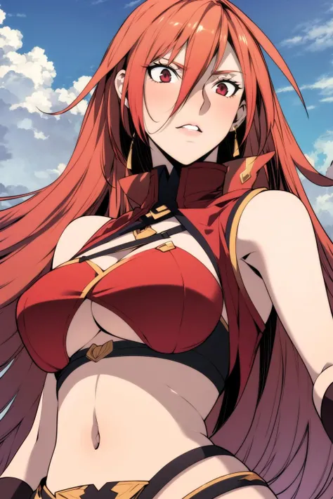 <lora:JishukaV2:0.7>, Jishuka, (main outfit, underboob), standing, medium shot, looking at viewer, solo, upper body