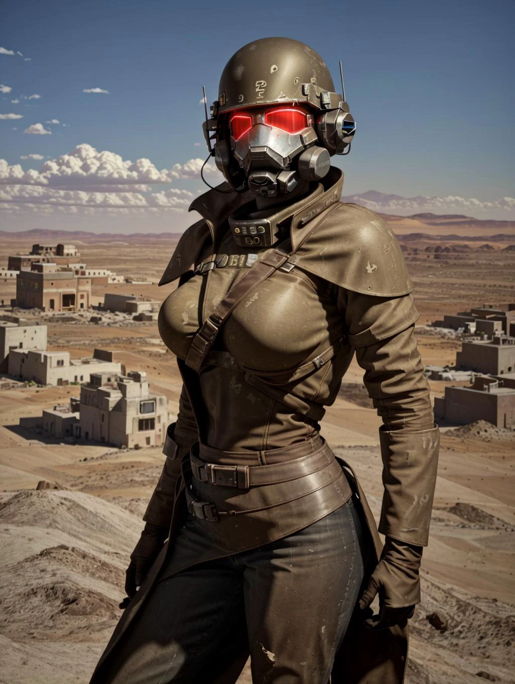 solo,1female,NCR-Rangerarmor,glowing eyes, big breasts, slim waist, feminine features,
outdoors, post apocalypse wasteland, desert, large broken buildings, ruins, looking at viewer, (standing), view from front, (upper body portrait shot:1.3),
<lyco:NCR-Rangerarmor_v10:0.9>, masterpiece, highest quality, photoreal, realistic, photograph