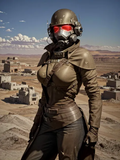 solo,1female,NCR-Rangerarmor,glowing eyes, big breasts, slim waist, feminine features, 
outdoors, post apocalypse wasteland, desert, large broken buildings, ruins,  looking at viewer, (standing), view from front, (upper body portrait shot:1.3), 
<lyco:NCR-Rangerarmor_v10:0.9>, masterpiece, highest quality, photoreal, realistic, photograph