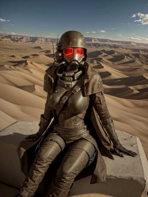 solo,1female,NCR-Rangerarmor,glowing eyes, big breasts, feminine features,
outdoors, post apocalypse wasteland, desert, (view from above:1.2), (sitting pose:1.2),
<lyco:NCR-Rangerarmor_v10:1.0>, masterpiece, highest quality, photoreal, realistic, photograph