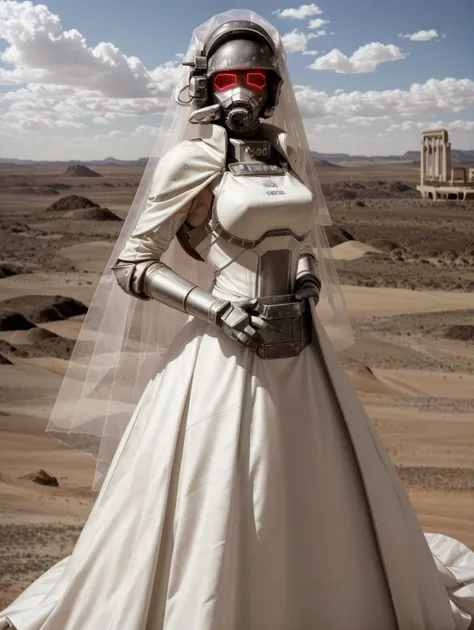 solo,1female,NCR-Rangerarmor,glowing eyes, big breasts, slim waist, feminine features, (white wedding dress:1.25),
outdoors, post apocalypse wasteland, desert, large broken buildings, ruins, looking at viewer, (standing), view from front, (upper body portrait shot),
<lyco:NCR-Rangerarmor_v10:1>, masterpiece, highest quality, photoreal, realistic, photograph