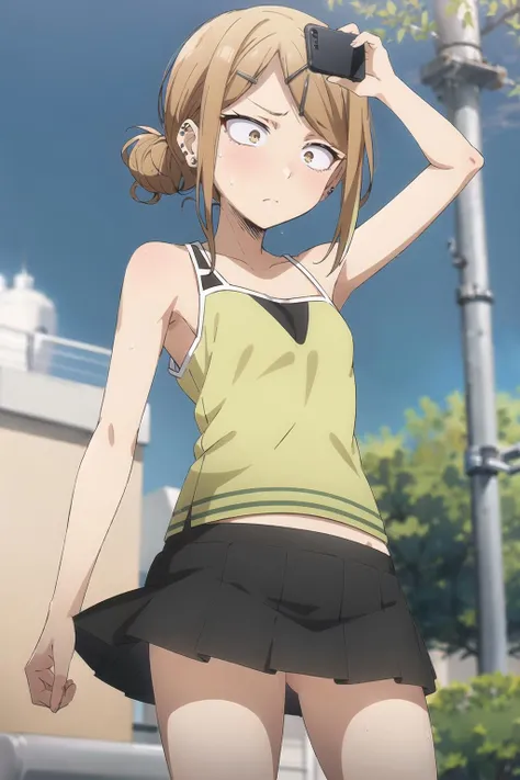 saya, 1girl, skirt, solo, outdoors, day, ear_piercing, piercing, jewelry, earrings, sanpaku, sky, pleated_skirt, cloud, black_skirt, camisole, constricted_pupils, phone, armpits, cellphone, blue_sky, frown, power_lines, bare_shoulders, utility_pole, collarbone, sweatdrop, smartphone, sweat, miniskirt, blurry, tank_top, road, cowboy_shot, looking_at_viewer, house, tree, multiple_piercings, selfie, arm_up, fang, spaghetti_strap, closed_mouth, stud_earrings
