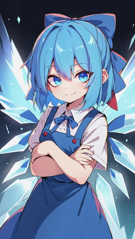 cirno, blue hair, hair bow, blue eyes, ice wings, pinafore dress, blue bow, self hug, crossed arms, light smile, masterpiece, best quality <lora:JKStyle:1>