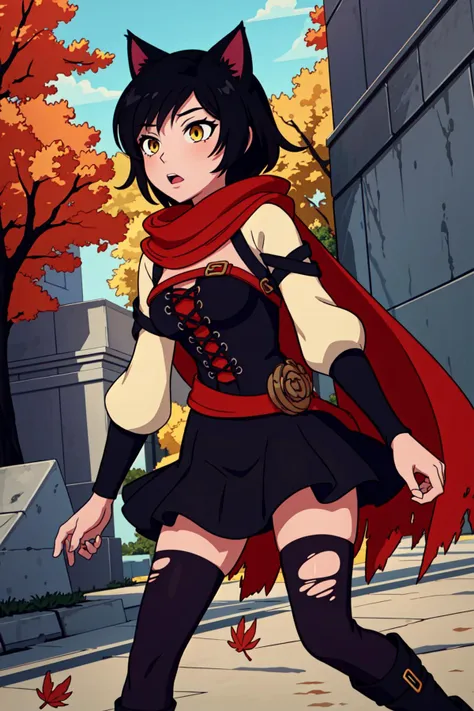 (1girl),<lora:Ruby_RWBY_AnyLora_LessTagsAbsorbed:0.6>,<lora:rwby_belladonna-10:0.4>,(blake belladonna from RWBY),solo, (cat ears), (black hair), ((medium hair)),solo, cape, yellow eyes, red cape, corset, thighhighs, torn clothes, torn thighhighs, black skirt, zettai ryouiki, dress, scarf, rose, torn cape, black thighhighs, anime coloring, flower, belt, rose,((autumn leaves)), buildings, outdoors, boots