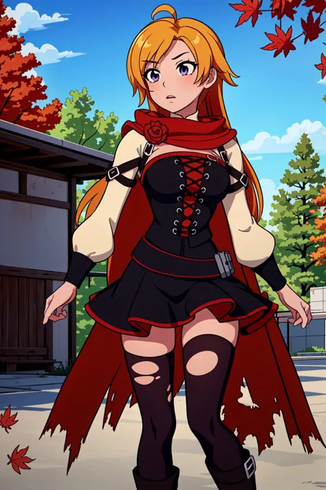 (1girl),<lora:Ruby_RWBY_AnyLora_LessTagsAbsorbed:0.7>,(yang xiao long from RWBY),solo, (absurdly long hair), (yellow hair), (ahoge),solo, cape, purpleeyes, red cape, corset, thighhighs, torn clothes, torn thighhighs, black skirt, zettai ryouiki, dress, scarf, rose, torn cape, black thighhighs, anime coloring, flower, belt, rose,((autumn leaves)), buildings, outdoors, boots, large breasts