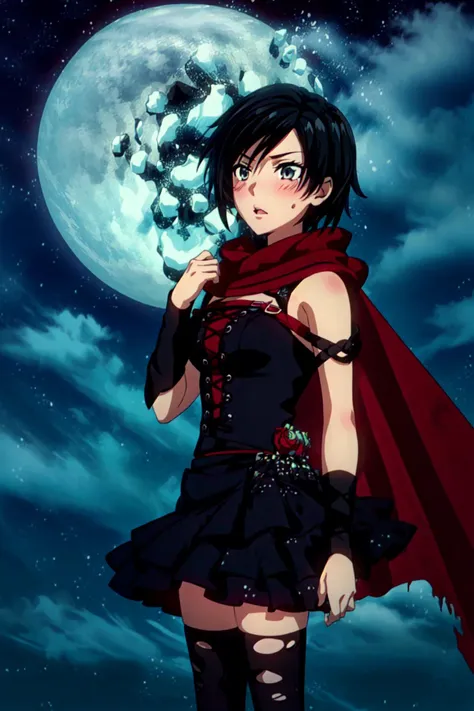 (1girl),<lora:Ruby_RWBY_v13:0.7>,(Ruby Rose from RWBY), Ruby_RWBY,1girl, short hair, black hair, solo, cape, grey eyes, red cape, corset, thighhighs, torn clothes, torn thighhighs, black skirt, zettai ryouiki, dress, scarf, rose, torn cape, black thighhighs,boots, anime coloring, flower, belt,blush, night, moon, <lora:RWBY_Moon:1>