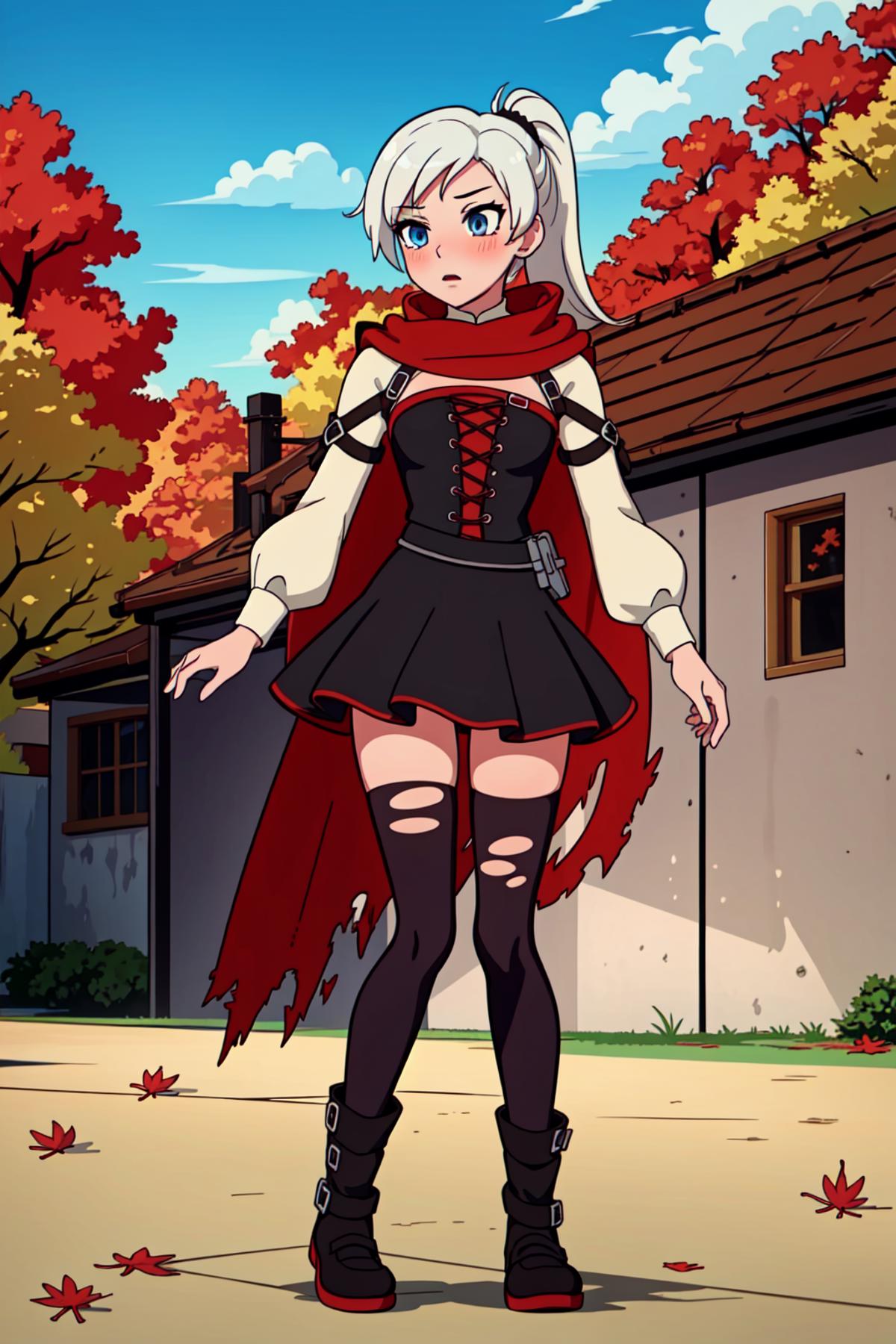 A woman in a black dress and red cape standing in front of a house ...