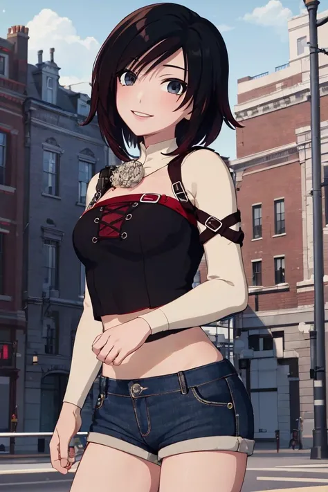 ((masterpiece,best quality)), absurdres,
denim shorts, white crop top,
<lora:Ruby_RWBY_Anime_LessTagsAbsorbed:0.7>, Ruby_RWBY,
solo, smiling, looking at viewer, cowboy shot,