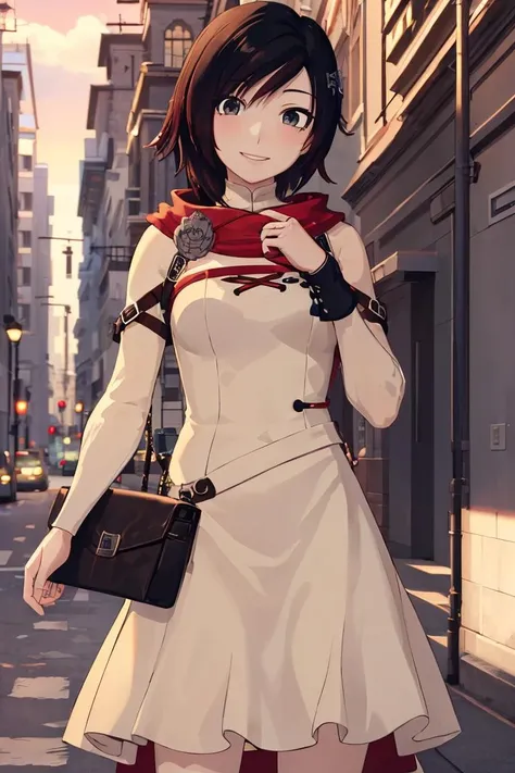 ((masterpiece,best quality)), absurdres,
long white dress,
<lora:Ruby_RWBY_Anime_LessTagsAbsorbed:0.7>, Ruby_RWBY,
solo, smiling, looking at viewer, cowboy shot,